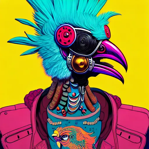 Image similar to portrait painting of a punk chicken - headed cyborg, sharp focus, award - winning, trending on artstation, masterpiece, highly detailed, intricate. art by josan gonzales and moebius and deathburger