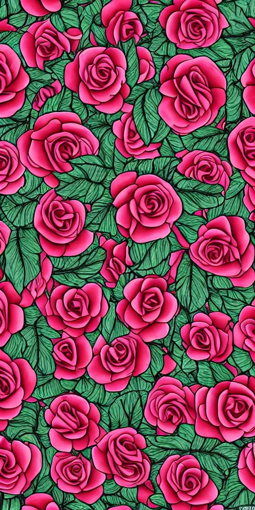 Image similar to seamless pattern of beautiful roses with leaves and throns, tattoo style, symmetrical, repeating 35mm photography