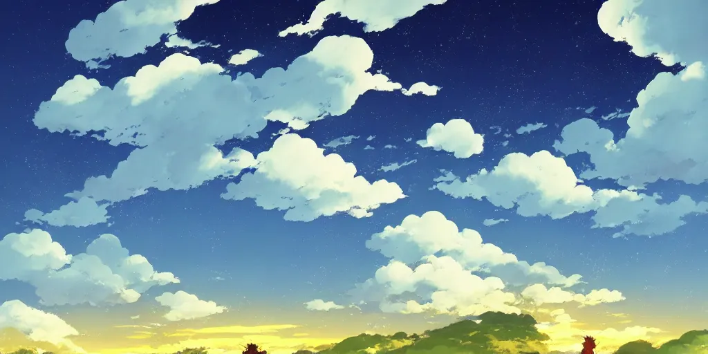 Image similar to beautiful landscape, big clouds, golden hour by makoto shinkai, studio ghibli