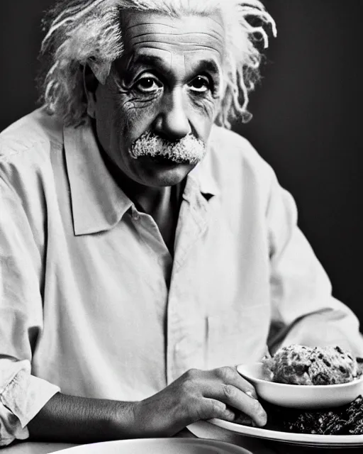 Image similar to a portrait of albert einstein sitting at the dining table with a plate containing kfc chicken in front of him, highly detailed, trending on artstation, bokeh, 9 0 mm, f / 1. 4