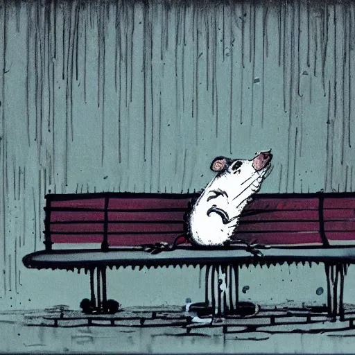 Prompt: sad anthropomorphic rat, by ralph steadman, sad, lonely, moody lighting, wearing a fur coat, in the rain, at night, sitting on a park bench