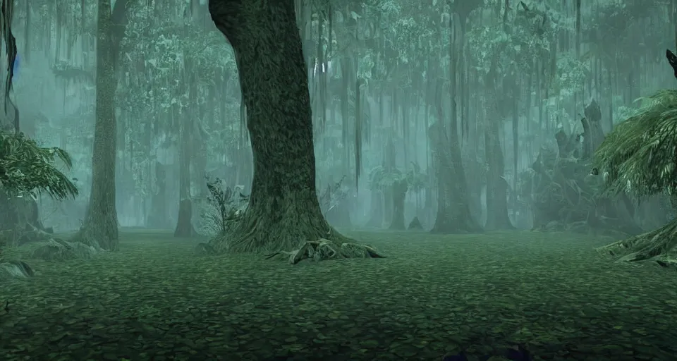 Prompt: A dense and dark enchanted forest with a swamp, from FF7