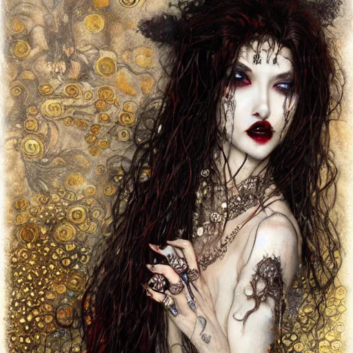 Image similar to stunning feminine vampire with fangs, intricate detail, klimt, royo, whealan,