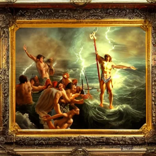 Image similar to poseidon standing at center frame holding a trident, with his back turned to the camera, a storm ahead, high res, oil painting, realistic, water, greek god, epic composition, masterpiece, award winning, low exposure