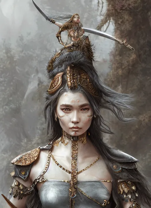 Image similar to detailed realistic character concept illustration pastel painting of a warrior princess in detailed clothing, insanely detailed and intricate, octane render, sss, postprocessing