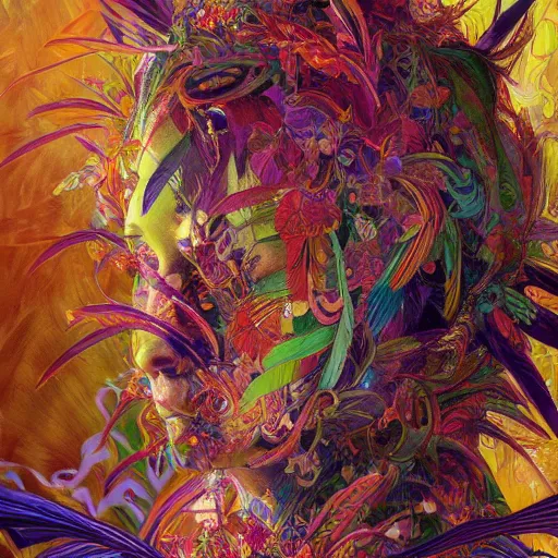 Image similar to A reality bending psychedelic ayahuasca experience, colorful, distorted, surreal, tropical bird feathers, dramatic lighting on the face, intricate, elegant, highly detailed, digital painting, concept art, smooth, sharp focus, illustration, art by Krenz Cushart and Wayne Barlowe and alphonse mucha