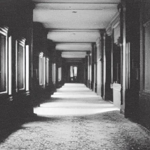 Image similar to “long hallway in a hotel at night, 1900’s photo”
