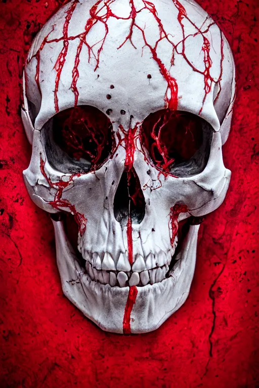 Prompt: portrait of a white skull covered in intricate red veins, studio lighting, dramatic lighting, realistic