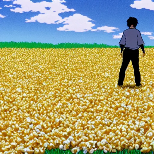 Image similar to man stands on a meadow made of popcorn, studio ghibli