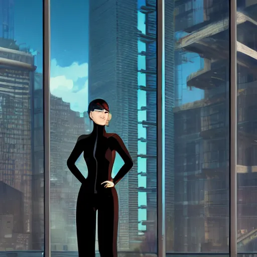 Image similar to A cybernetic woman in a sleek black jumpsuit, looking over her shoulder with a enigmatic smile, standing in front of a large window with a cityscape in the background, by James Jean and Jen Lee and Rebecca sugar, sci fi world, pixiv, unreal engine, HD