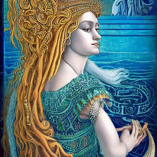 Image similar to intricate details, hyper detailed, mystic alchemical occult art, sumerian goddess inanna ishtar, ashteroth, techno mystic goddess princess intergalactica, with aqua neon rapunzel dreadlocks, detailed, wearing seashell attire, crystal pathway to atlantis floating on the sea, by sandro botticelli