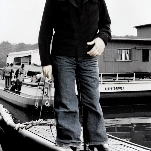 Prompt: high quality photo of johnny cash standing on a canal boat