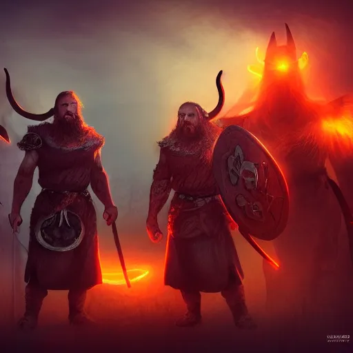 Image similar to demonic Viking warriors with glowing orange eyes, midjourney style, artstation trending, 4k
