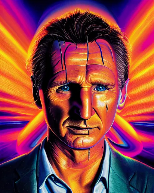 Prompt: portrait ultra dimensional liam neeson, accidentally tripping on dmt and acid, psychedelic experience, overwhelming psychosis of self realization and burning awakening, ultra high definition, unreal engine 5, hyperrealism, masterpiece composition, by casey weldon, barclay shaw 8 k photorealistic