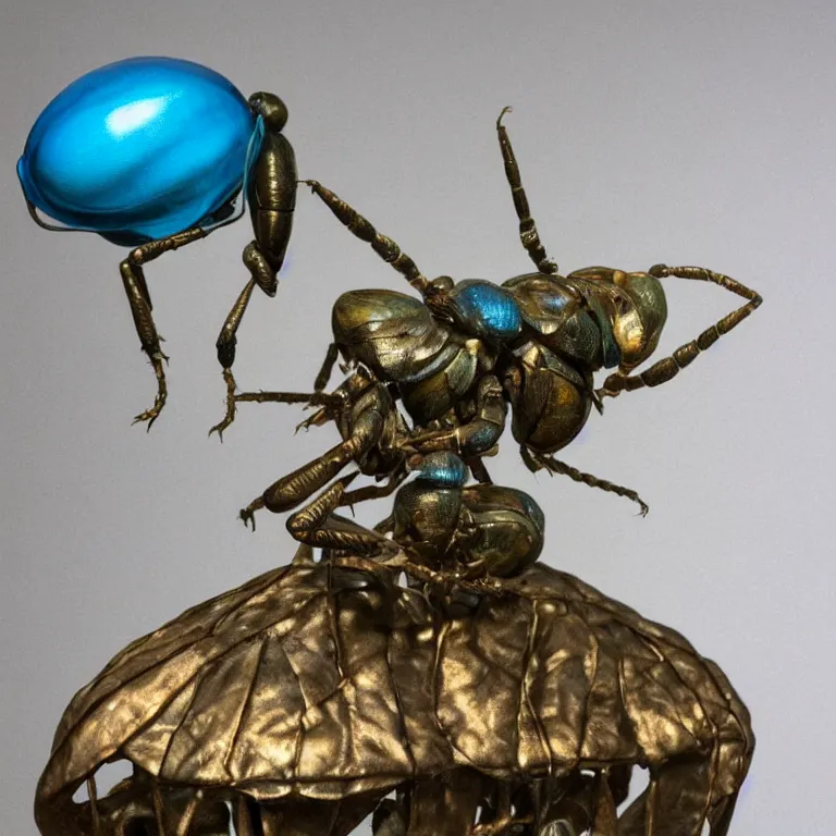 Image similar to hyperrealistic sculpture of a bronze fossilized wentletrap cicada dusted with blue spraypaint in a grid cage on a pedestal by ron mueck and duane hanson and lee bontecou, hyperrealistic dramatic colored lighting trending on artstation 8 k