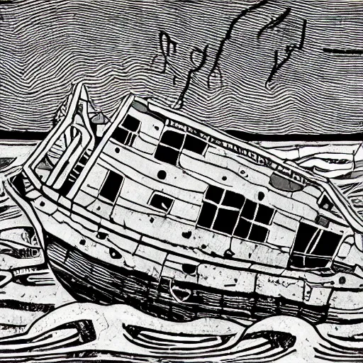 Prompt: a rusty abandoned ship on the aral sea desert, in the style of daniel johnston and outsider art, 8 k, line brush, muted, overlaid with cyrillic words, baselitz, german expressionist woodcut