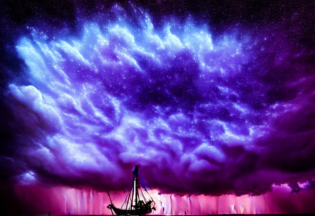 Image similar to purple color lighting storm with stormy sea close up of a pirate ship firing its cannons trippy nebula sky with dramatic clouds painting by banksy Photorealism