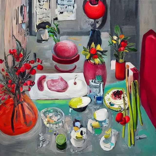 Prompt: “ a portrait in a female art student ’ s apartment, a berry and a big diamond, a red herring, skyscraper, pork, art supplies, paint tubes, palette knife, pigs, ikebana, weeds, white wax, squashed berries, acrylic and spray paint and oilstick on canvas, surrealism, neoexpressionism ”