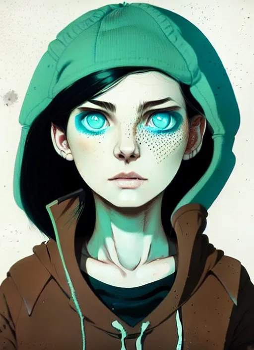 Prompt: highly detailed portrait of a sewer punk lady student, blue eyes, hoodie, cloudy lofted white hair by atey ghailan, by greg rutkowski, by greg tocchini, by james gilleard, by joe fenton, by kaethe butcher, gradient green, black, brown and cyan color scheme, grunge aesthetic!!! ( ( graffiti tag wall background ) )
