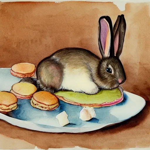 Image similar to a rabbit posing with cookies and macaroons in a kitchen, watercolour realism
