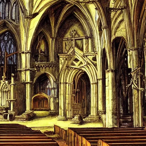 Image similar to abandoned and eroding church with a skeleton in the pews, gothic art, color, detailed