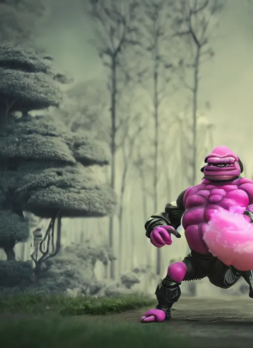 Image similar to Krang standing with black jar, enchanted, magical, cotton candy trees, cinematic shot, intricate, ornate, photorealistic, ultra detailed, realistic, 100mm, photography, octane, high definition, depth of field, bokeh, 8k, behance, artstation