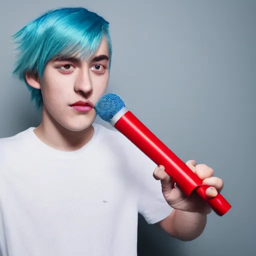 Prompt: a portrait of a teenager with cyan colored hair, white t - shirt with a no symbol on it, blue long pants and red shoes, holding a microphone, studio lighting, photoshoot, grey backdrop