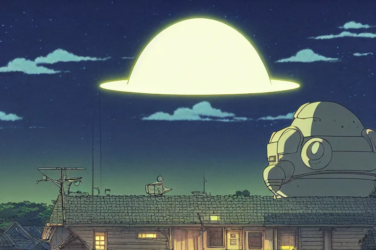 Prompt: a still from a studio ghibli film of an alien mothership opening up to show a day time sky, at night in the suburbs. full body, wide shot, very muted colors, post grunge, studio ghibli, laurie greasley, highly detailed, deviantart, art by artgem