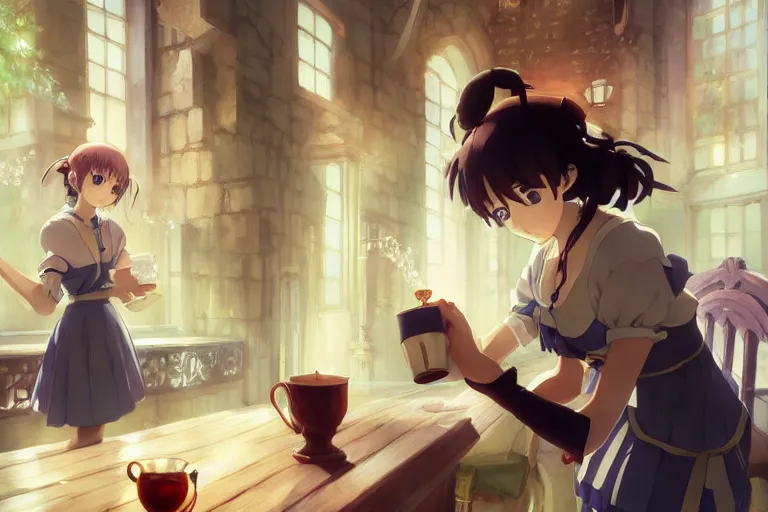 Image similar to anime key visual concept art of anime maid pouring tea gracefully, medieval european style noble manor interior, trending on artstation, brush strokes, oil on canvas, style of kawacy and makoto shinkai and greg rutkowski and studio ghibli