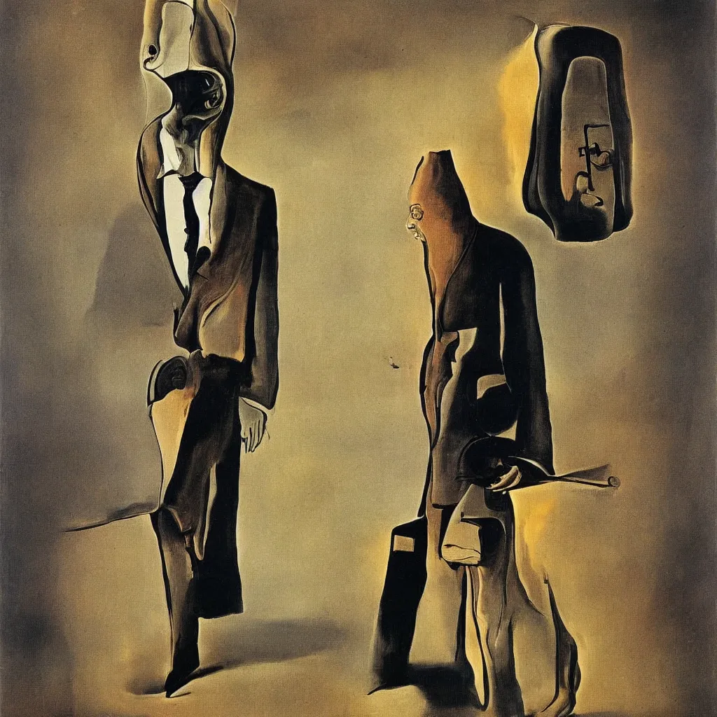 Image similar to Man in a business suit with a bag covering his head, by Salvador Dali