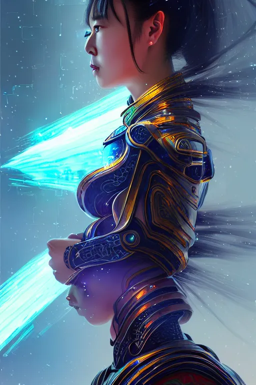 Prompt: portrait futuristic wuxia armor heroine Girl with thunder and fire sparkles and starlight, fighting in future cyberpunk beijing rooftop , ssci-fi, fantasy, intricate, very very beautiful, elegant, human structure, neon light, highly detailed, digital painting, artstation, concept art, smooth, sharp focus, illustration, art by tian zi and WLOP and alphonse mucha