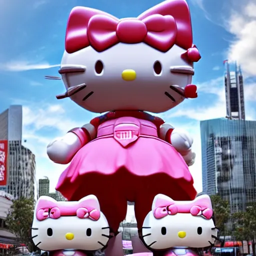 Prompt: a beautiful hyperrealistic ultradetailed 3D render of a humongous hello kitty themed mecha standing in the city, by brian sum and stephen martiniere and Antonio Manzanedo. mech, dragon, unreal engine, octane render, PBR, 3D, brilliantly colored, intricate, wide angle, volumetric lighting, polished, path tracing