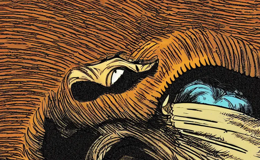 Prompt: incredible eye catching comic panel showing a desert mouse riding a sandworm of the deep desert, close up shot of the mouse's face struggling to steer the beast