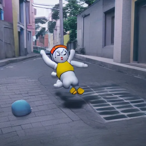 Image similar to doraemon joyfully parkouring, inner city, photorealistic sensual