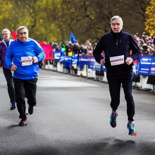 Prompt: Viktor Orban and Ferenc Gyurcsany running a marathon together, 8k, award winning photography, high quality