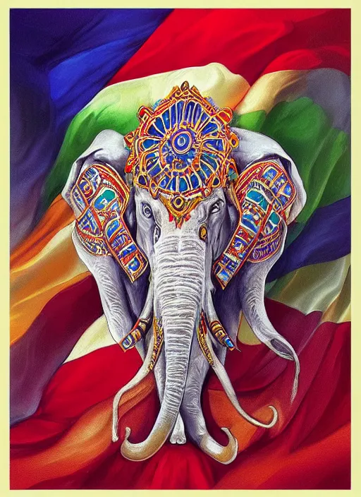 Prompt: portrait of ethereal white elephant in indian flag colors, intricate detail, ornate, conceptual art, soft light, dynamic, art by artgerm