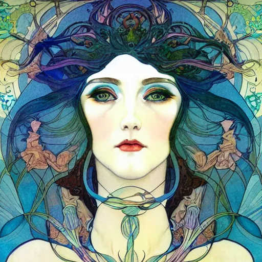 Image similar to The Goddess of Creation, beautiful eyes, symmetrical face, paint, ink, palettes, spectrum, in the style of Joshua Middleton, Mucha, Kandinsky