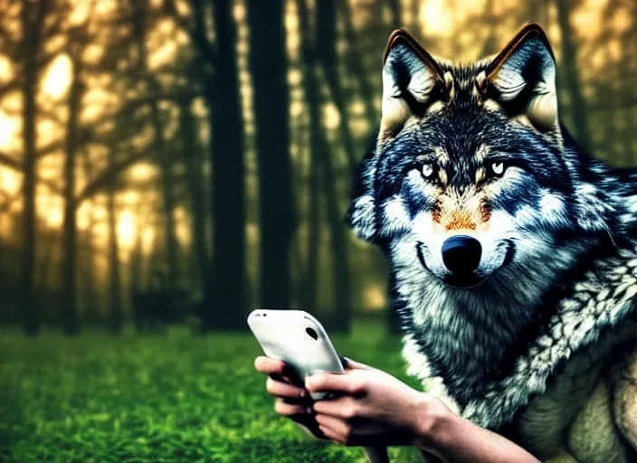 Image similar to portrait of a wolf playing games on a phone, realistic photograph, high quality, 4 k, full shot