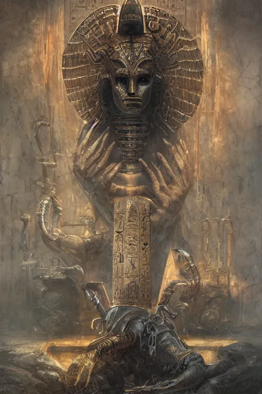 Prompt: portrait of egyptian god horus, gold, pyramids, hieroglyphs, by hr giger, greg rutkowski, luis royo and wayne barlowe as a diablo, resident evil, dark souls, bloodborne monster