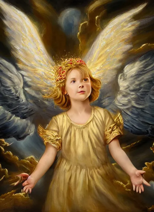 Image similar to a young girl holding the head of a monster, flying in the sky surrounded by angels, extremely realistic and highly detailed painting, soft light, gold ratio