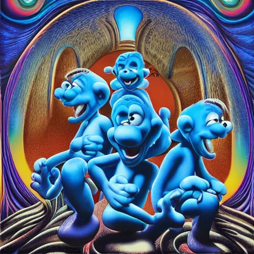 Image similar to the smurfs on tool album cover, 8 k resolution hyperdetailed, surrealism style of alex grey, extremely highquality