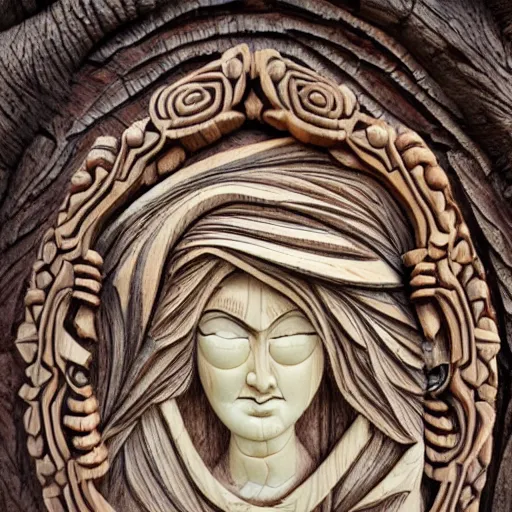 Image similar to goddess, forest, abstract, ornate, relief, wood carving, detailed, beautiful, eyes open