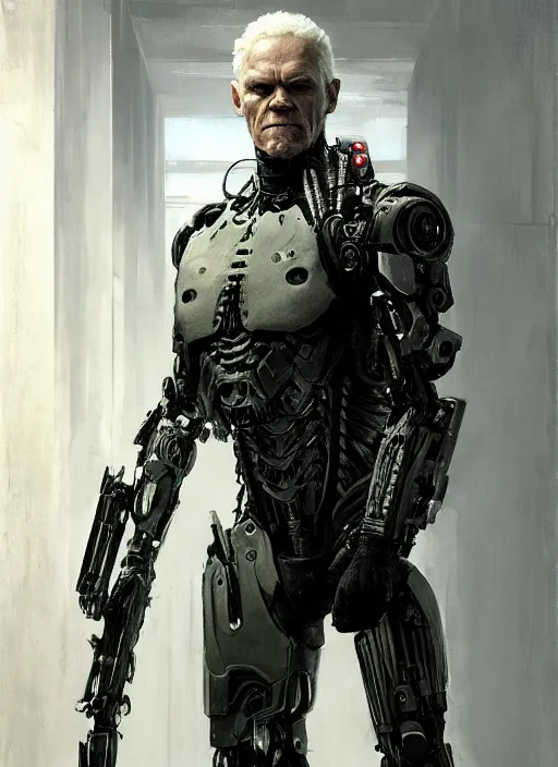 Image similar to malcolm mcdowell as victor stone, full body concept, cyborg, borg, strogg, face of a man, terminator, flesh, quake strogg, doom demon, wolfenstein, monstrous, powerful, symmetry, symmetrical, concept art by ruan jia and greg rutkowski