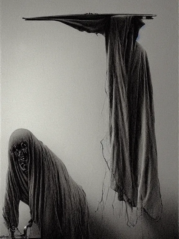 Image similar to a ghost ironing on an ironing board, art by beksinski, bernie wrightson, trending on artstation, optical illusion, horror film, creepypasta