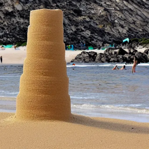 Image similar to a tower of sand on the beach that's taller than the people around it