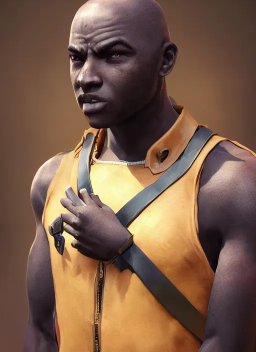 Image similar to An epic fantasy comic book style portrait painting of a young dark skinned thief with broad shoulders and a bald head in a vest, unreal 5, DAZ, hyperrealistic, octane render, cosplay, RPG portrait, dynamic lighting