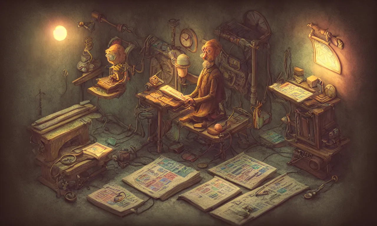 Image similar to tinkerer, twiddle, twoddle, realm, service ticket close up, wizard reading a directory, nordic pastel colors, abandoned railroad, 3 d art, digital illustration, perfect lighting