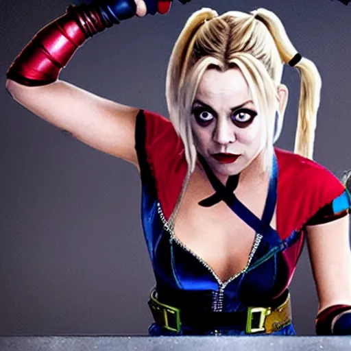 Image similar to A still of Kaley Cuoco as Harley Quinn