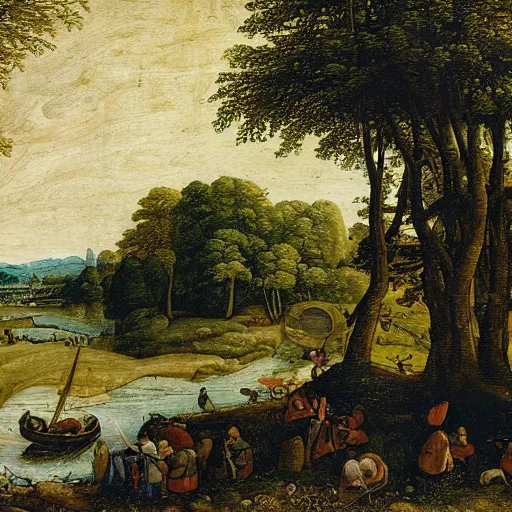 Image similar to An intricate, extremely detailed painting in a style of Breughel featuring a river in Europe, surrounded by trees and fields. A dinghy is slowly moving through the water. Sun is shining.