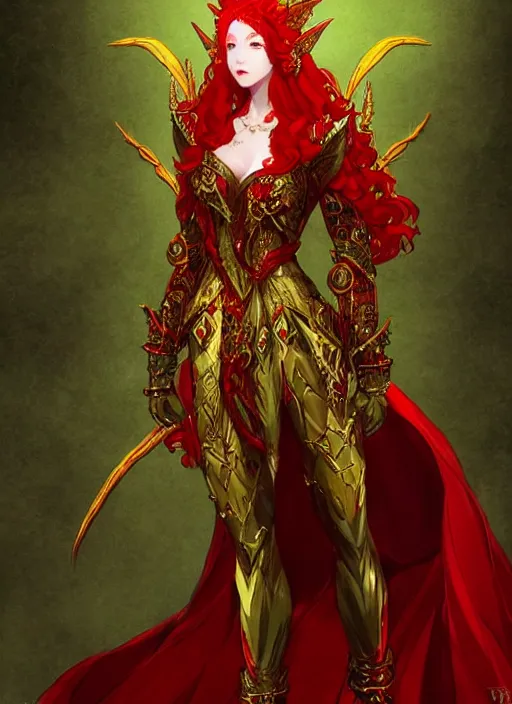 Image similar to Full body portrait of a beautiful red haired elven queen wearing red, green and gold queen dress and elaborate golden crown, bored look. In style of Yoji Shinkawa and Hyung-tae Kim, trending on ArtStation, dark fantasy, great composition, concept art, highly detailed.